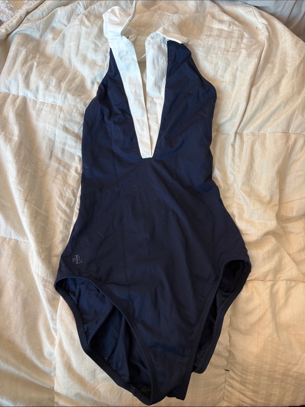 Ralph Lauren Navy One-Piece Swimsuit with White Halter Placket